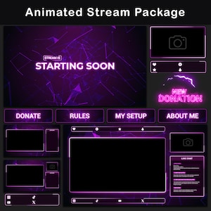 Pink and purple animated stream overlay package shown as a full product collage, with neon starting screen, glowing Twitch panels, donation alert, webcam frame, live chat box, social bars and premade stream layouts in one matching digital style.