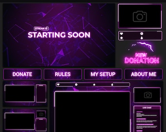 Pacote de sobreposições animadas para Twitch, pacote minimalista neon rosa e roxo para OBS Studio, Streamlabs, alertas, painéis e widget de chat.