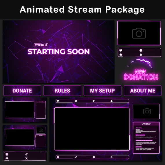 Animated Twitch Overlay Package, Pink Purple Minimalistic Neon Stream Overlay Pack for OBS Studio, Streamlabs, Alerts, Panels, Chat Widget