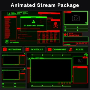 Sobreposição retro animada de Twitch, pacote de fluxo, estilo de terminal de computador verde e vermelho, design vintage dos anos 80, compatível com OBS e Streamlabs