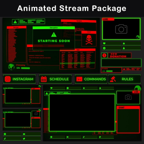 Animated Retro Twitch Overlay, Stream Package, Green & Red Computer Terminal Style, 80's Vintage Design, OBS and Streamlabs Compatible