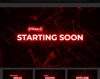 Pode incluir: Ecrãs de transmissão animados com um fundo geométrico vermelho e preto. O texto "Stream is Starting Soon" é exibido em branco com um contorno vermelho. Outras telas mostram o texto "Break", "Ending" e "Offline".
