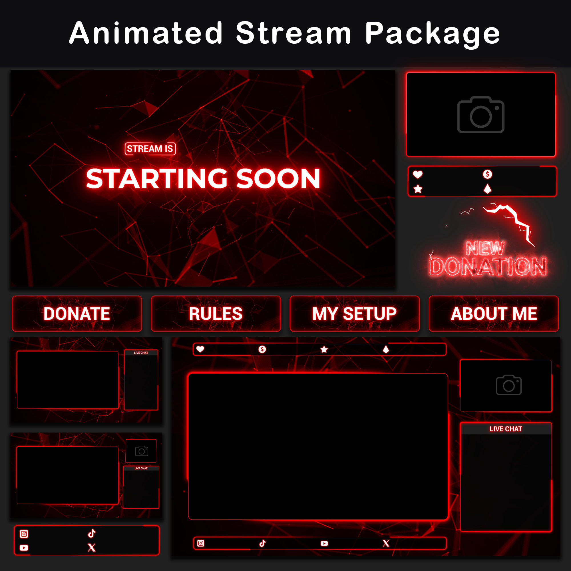 Animated Stream Package Dark | Minimal Twitch OBS Overlay, Black & Red Neon Pack, Alerts, Screens, 38 Panels, Webcam, Transition, Labels