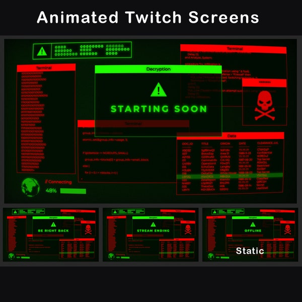 Animated Twitch Screens Retro Glitch Stream Starting Soon, Be Right Back, Ending, Offline | 80s Terminal Style Animated Background