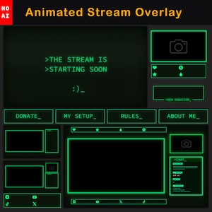 Retro Twitch Overlay Package – Animated Green CRT Stream Overlays for OBS & Streamlabs, Pixel PC Layout Pack