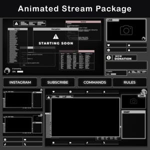 Pode incluir: Um pacote de streaming animado em preto e branco com um tema futurista. O pacote inclui uma sobreposição de streaming ao vivo, uma janela de bate-papo, um alerta de doação e outros elementos. O texto "Animated Stream Package" está no topo da imagem.