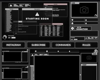 May include: A black and white animated stream package with a futuristic theme. The package includes a live stream overlay, a chat window, a donation alert, and other elements. The text "Animated Stream Package" is at the top of the image.