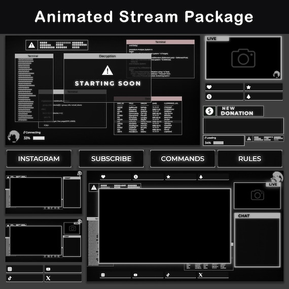Animated Twitch Overlays Package Dark Retro 80's Design, Vintage Black & White Stream OBS Overlay Pack, Clean Minimalist CRT Stream Layout