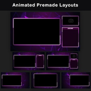 Pink and purple neon premade stream layouts with glowing magenta borders, webcam placement, live chat frame and large stream content areas over a dark geometric digital network background.