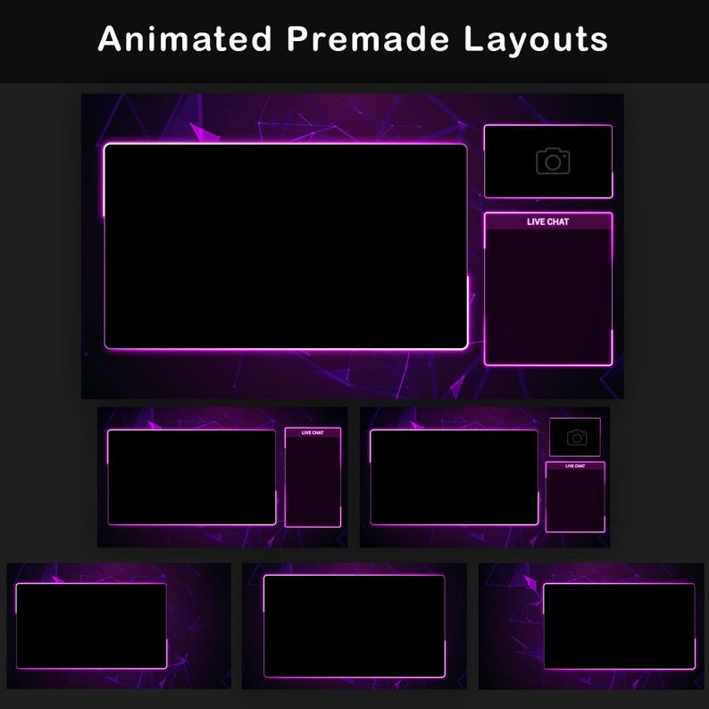 Pink and purple neon premade stream layouts with glowing magenta borders, webcam placement, live chat frame and large stream content areas over a dark geometric digital network background.
