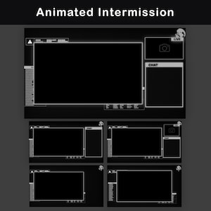 Animated intermission screen with clean black and white styling, showcasing multiple layout options for chat and live video.
