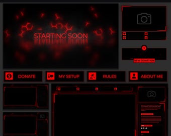 黒と赤のTwitchオーバーレイパッケージ｜ミニマルなアニメーションストリームパッケージ｜アラート、スクリーン、パネル、スティンガー、チャットボックス、ダークテーマのストリームオーバーレイ