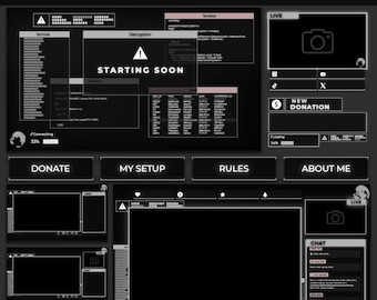 May include: An animated Twitch overlay package featuring a dark, hacker-themed interface with white text and borders. Elements include a Starting Soon screen, chat boxes, donation alerts, and buttons labeled Donate, My Setup, Rules, and About Me.