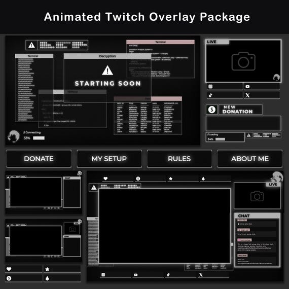 Animated Twitch Overlays Package Dark Retro 80's Design, Vintage Black & White Stream OBS Overlay Pack, Clean Minimalist CRT Stream Layout