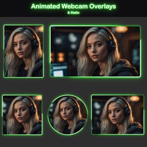 May include: Animated Webcam Overlays & Static text in green. The image shows a woman with blonde hair wearing headphones, framed in green borders. The woman is featured in multiple formats: square, rectangular, and circular.
