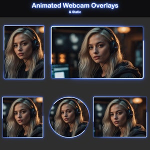 Puede incluir: Texto «Animated Webcam Overlays & Static» sobre una cuadrícula de imágenes. Cada imagen muestra a una persona con cabello rubio usando auriculares. Las imágenes tienen diferentes formas, incluyendo rectangulares y circulares, con un borde de neón azul.