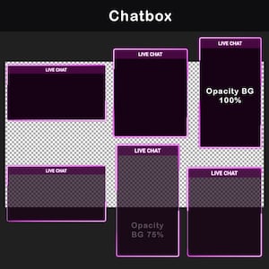 Pink neon live chat box designs with magenta header bars, glowing borders and multiple layout sizes, shown with transparent checkerboard areas and darker versions for different chat visibility styles.