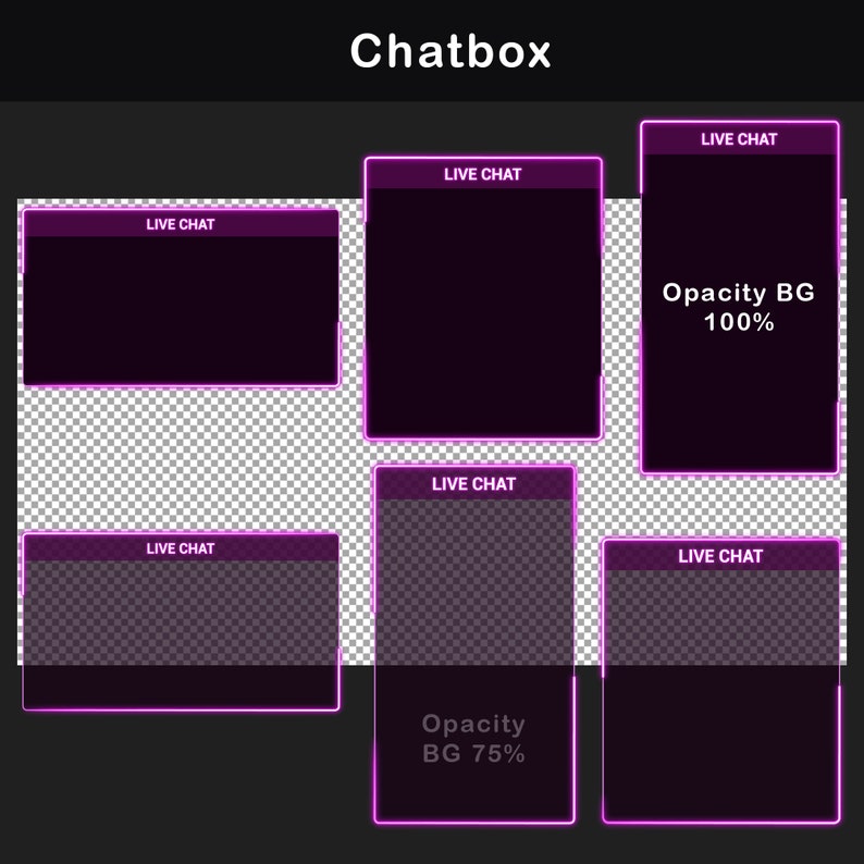 Pink neon live chat box designs with magenta header bars, glowing borders and multiple layout sizes, shown with transparent checkerboard areas and darker versions for different chat visibility styles.