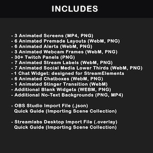 Package contents graphic for a pink and purple animated stream overlay set, listing screens, premade layouts, alerts, webcam frames, Twitch panels, stream labels, social media bars, chat widget, chatboxes, stinger transition, blank widgets, no-text backgrounds and OBS Studio and Streamlabs import files.