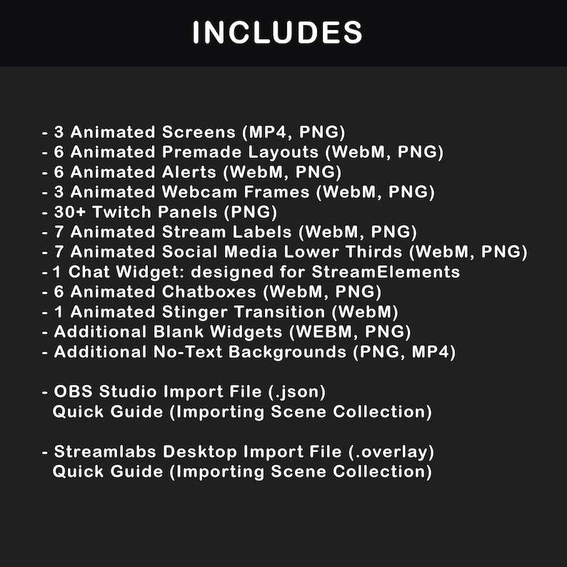 Package contents graphic for a pink and purple animated stream overlay set, listing screens, premade layouts, alerts, webcam frames, Twitch panels, stream labels, social media bars, chat widget, chatboxes, stinger transition, blank widgets, no-text backgrounds and OBS Studio and Streamlabs import files.