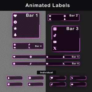 Pink and purple neon stream labels and social media lower thirds with glowing magenta outlines, including icon-based bars for support activity and social platforms such as Instagram, TikTok, YouTube and X.