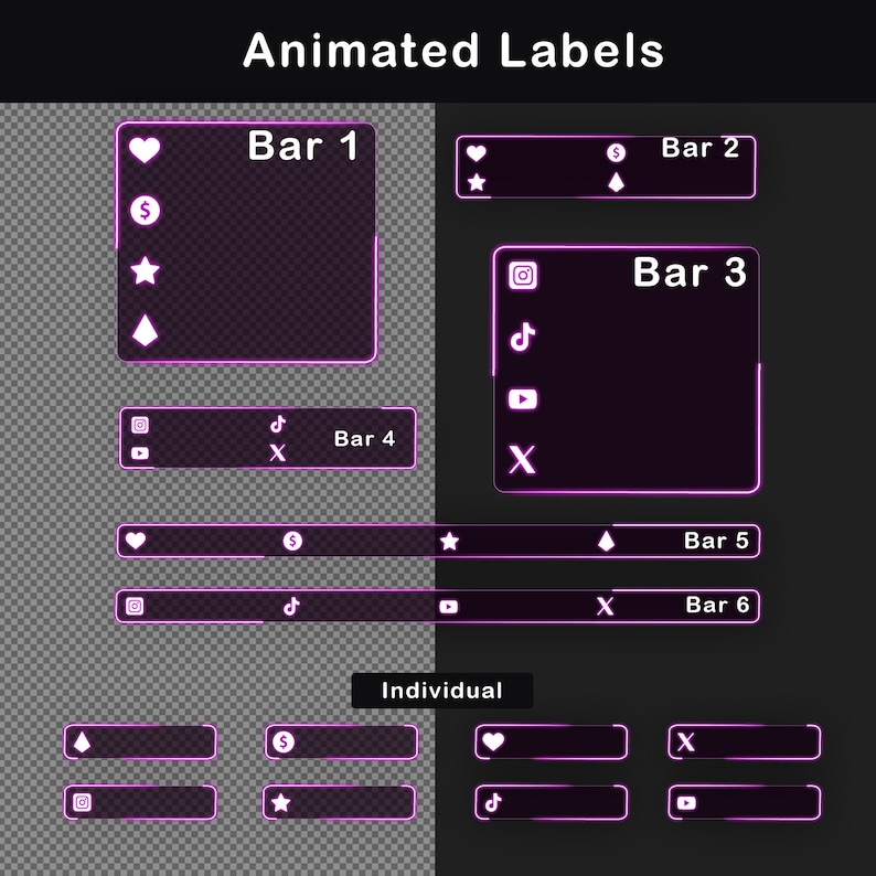 Pink and purple neon stream labels and social media lower thirds with glowing magenta outlines, including icon-based bars for support activity and social platforms such as Instagram, TikTok, YouTube and X.