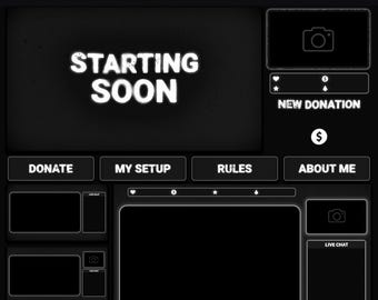 Animated Twitch Overlays Package, Grunge Black White Stream Layout, Dark Minimalist Stream OBS Overlay Pack, Alerts, Webcam, Panels, Chatbox