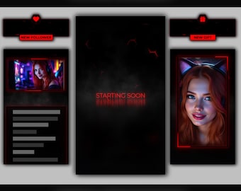 TikTok Overlay Animated Black & Red Package, Vertical Streaming Overlays Pack, Starting Screens, Stream Layout, Dark Overlay for TikTok Live