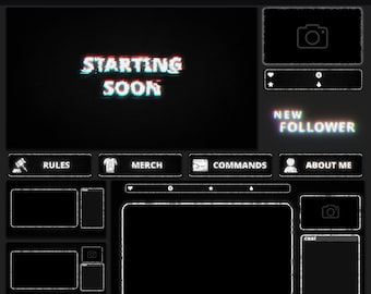 Animated Twitch Overlay Pack Black & White, Dark Glitch Stream Overlays Package, Minimalist OBS Overlay, Stream Layout, Custom Banner