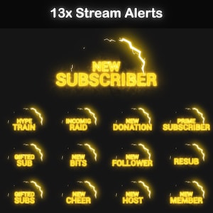 Könnte beinhalten: Dreizehn animierte Stream-Benachrichtigungen mit gelben Blitzeffekten. Die Benachrichtigungen umfassen: Neuer Abonnent, Hype-Zug, Eingehender Raid, Neue Spende, Prime-Abonnent, Geschenkter Abo, Neue Bits, Neuer Follower, Resub, Geschenkte Abos, Neuer Cheer, Neuer Host und Neues Mitglied.