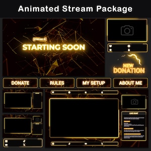 Animated Stream Package Orange | Minimal Twitch OBS Overlay Pack, Animated Alerts, Animated Screens, Panels, Stinger Transition, Neon, Gold