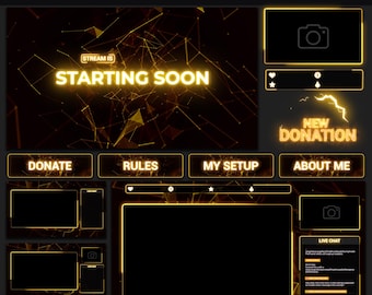 Animated Stream Package Orange | Minimal Twitch OBS Overlay Pack, Animated Alerts, Animated Screens, Panels, Stinger Transition, Neon, Gold