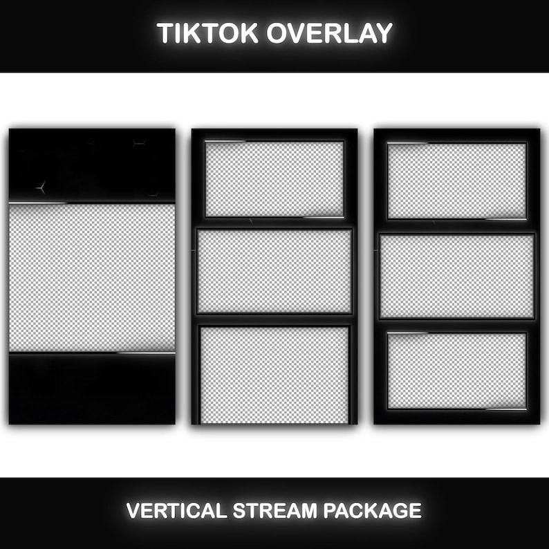 TikTok Overlay Animated Black & White Package, Vertical Streaming Overlay Pack, Stream Layout, Dark Overlay for TikTok Live