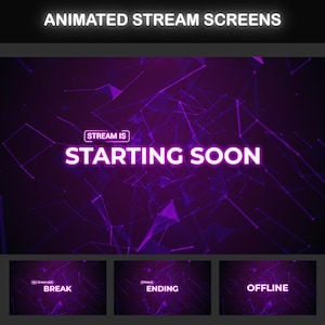 Op de afbeelding: Geanimeerde paarse en witte streamschermen met tekst die "Stream is starting soon", "Break", "Ending" en "Offline" zegt.