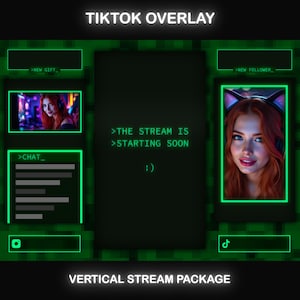 May include: A green digital overlay for TikTok streams. The design includes a central display with the text "THE STREAM IS STARTING SOON :)". It features user profile images, chat and new follower notifications, and the TikTok logo. The words "TIKTOK OVERLAY" and "VERTICAL STREAM PACKAGE" are also displayed.
