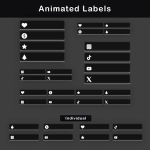 Animated labels for social media and stream events, featuring black and white design with icons for platforms like Instagram, YouTube, TikTok, and more.
