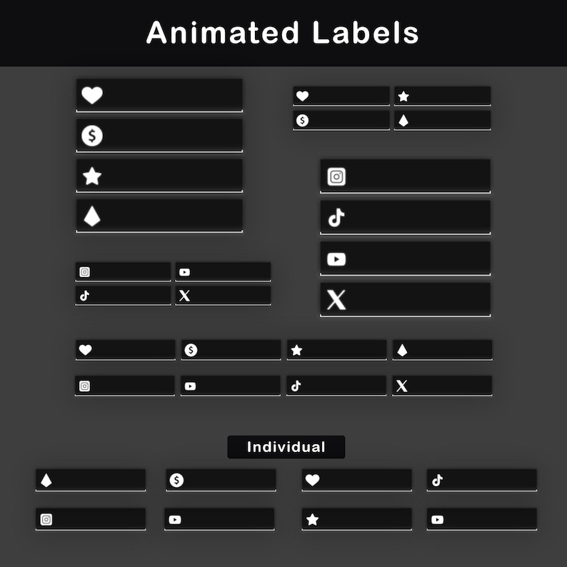 Animated labels for social media and stream events, featuring black and white design with icons for platforms like Instagram, YouTube, TikTok, and more.