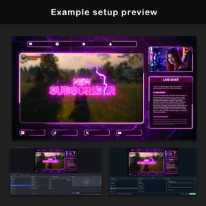Example setup of the pink and purple neon stream overlay inside OBS Studio and Streamlabs, showing gameplay with a subscriber alert, webcam frame, live chat box, social bars and matching geometric background elements.