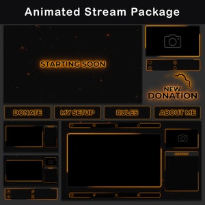 May include: Animated stream package overlay with a black background and orange neon accents. The overlay includes a starting soon screen, a donation alert, a live chat window, and buttons for donate, my setup, rules, and about me.