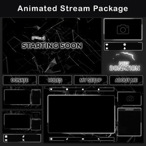 Pacote de fluxo animado escuro | Sobreposição minimalista Twitch OBS preto e branco | Alertas | Telas Animadas | 38 Painéis | Ferrão | Transição