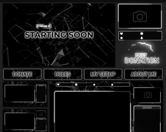 Animated Stream Package Dark | Minimalist Twitch OBS Overlay Black & White | Alerts | Animated Screens | 38 Panels | Stinger | Transition