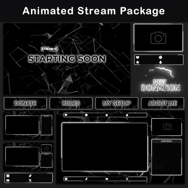 Animated Stream Package Dark | Minimal Twitch OBS Overlay Black & White | Alerts | Animated Screens | 38 Panels | Stinger | Transition