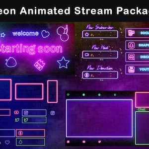Twitch Animated Overlay Neon | Twitch Stream Package | Animated Alerts | Animated Screens | 32 Panels | Stinger | Transition | Neon Overlay