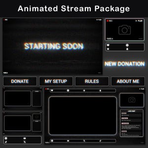Pacchetto di overlay animati per Twitch, stile TV retrò VHS, pacchetto di overlay OBS Dark Stream Glitch, schermate, avvisi, webcam, transizioni Stinger, pannelli, chat