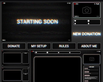 Animated Twitch Overlay Package Retro TV VHS, Dark Stream Glitch OBS Overlay Pack, Screens, Alerts, Webcam, Stinger Transition, Panels, Chat