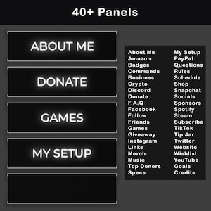 A collection of over 40 animated panels, labeled for various stream elements like "About Me," "Donate," "Games," and "My Setup" in a retro black and white theme.
