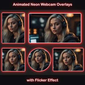 May include: A woman with blonde hair wearing headphones and a black jacket is shown in five different frames. The frames are arranged in a grid with a neon red border. The text "with Flicker Effect" is below the grid.