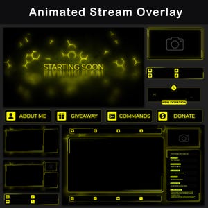 Yellow Twitch Overlay Package, Animated Stream Overlay for OBS and Streamlabs, Black and Yellow Pack, Chat Widget, Alerts, Webcam Frames