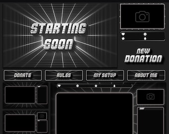 Animated Twitch Overlay Pack, Black and White Stream Package for OBS, Retro Grid Layout, Alerts, Webcam, Panels, Chatbox, Stinger