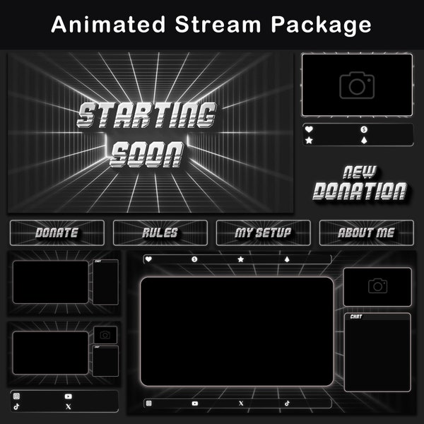 Dark Animated Retro Twitch Overlay Pack | Black & White Stream Package | Alerts, Screens, Webcam, Panels, Chatbox | For OBS and Streamlabs